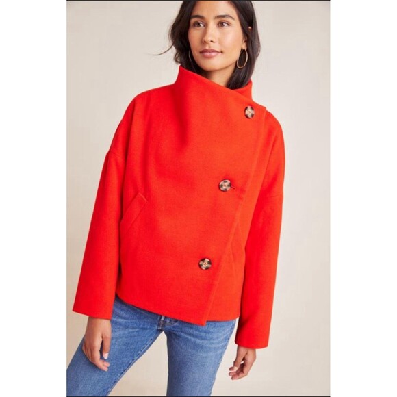 Anthropologie Women Jacket Red Sascha Asymmetrical Preppy Holiday Retro Coat S